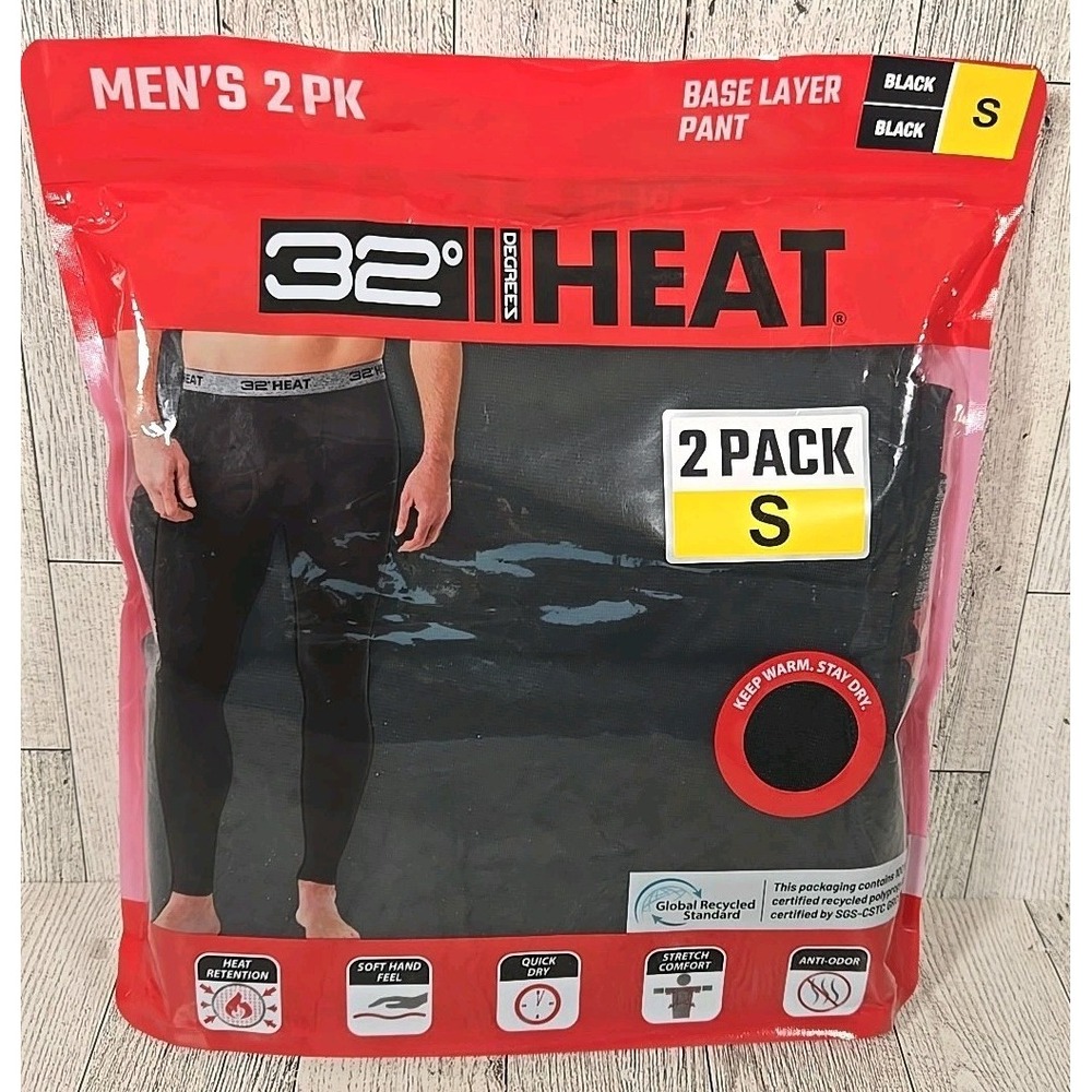 32 Degrees Mens Baselayer SMALL Leggings Lightweight Thermal Black 2pk